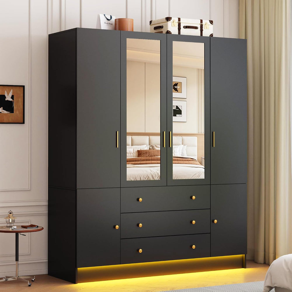 75” Tall Wardrobe Closet with 4 Doors & 3 Drawers, Modern Armoire with Mi...