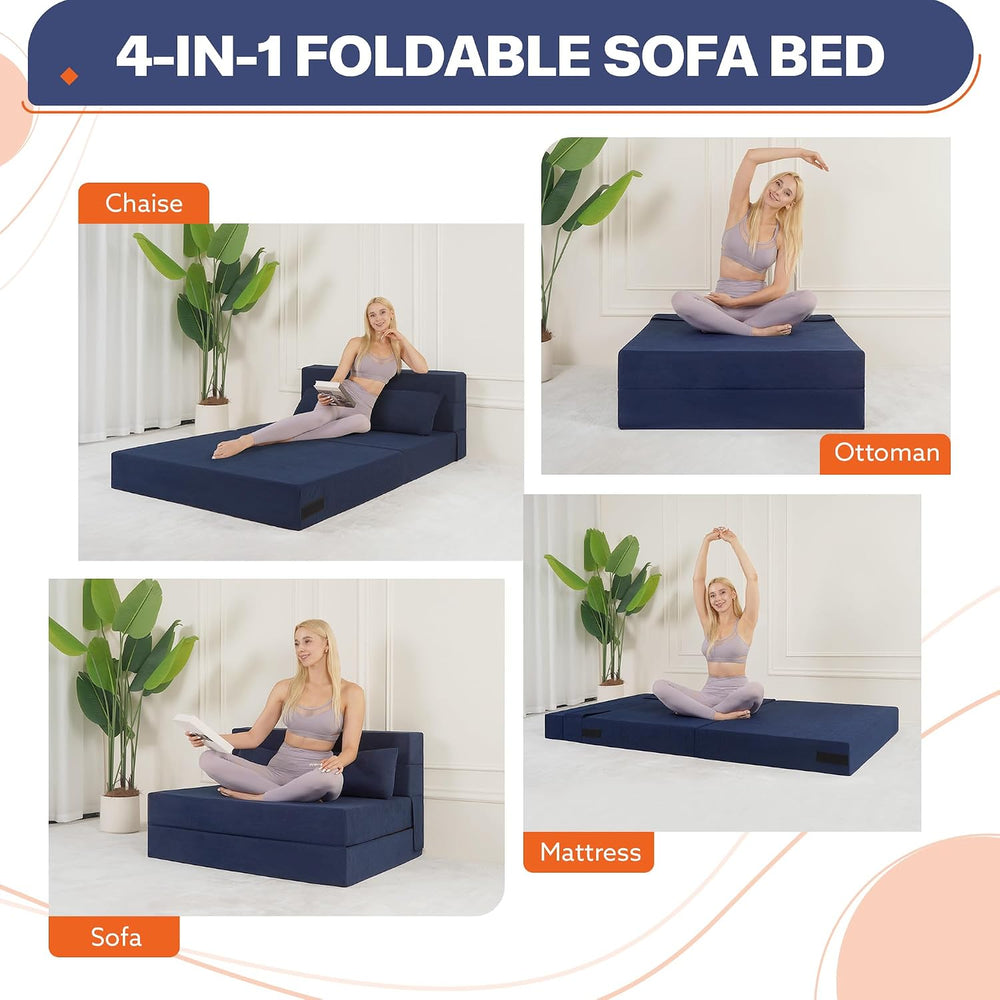 Fold Out Chair Bed with Pillow High-Density Foam Standard Size, Blue