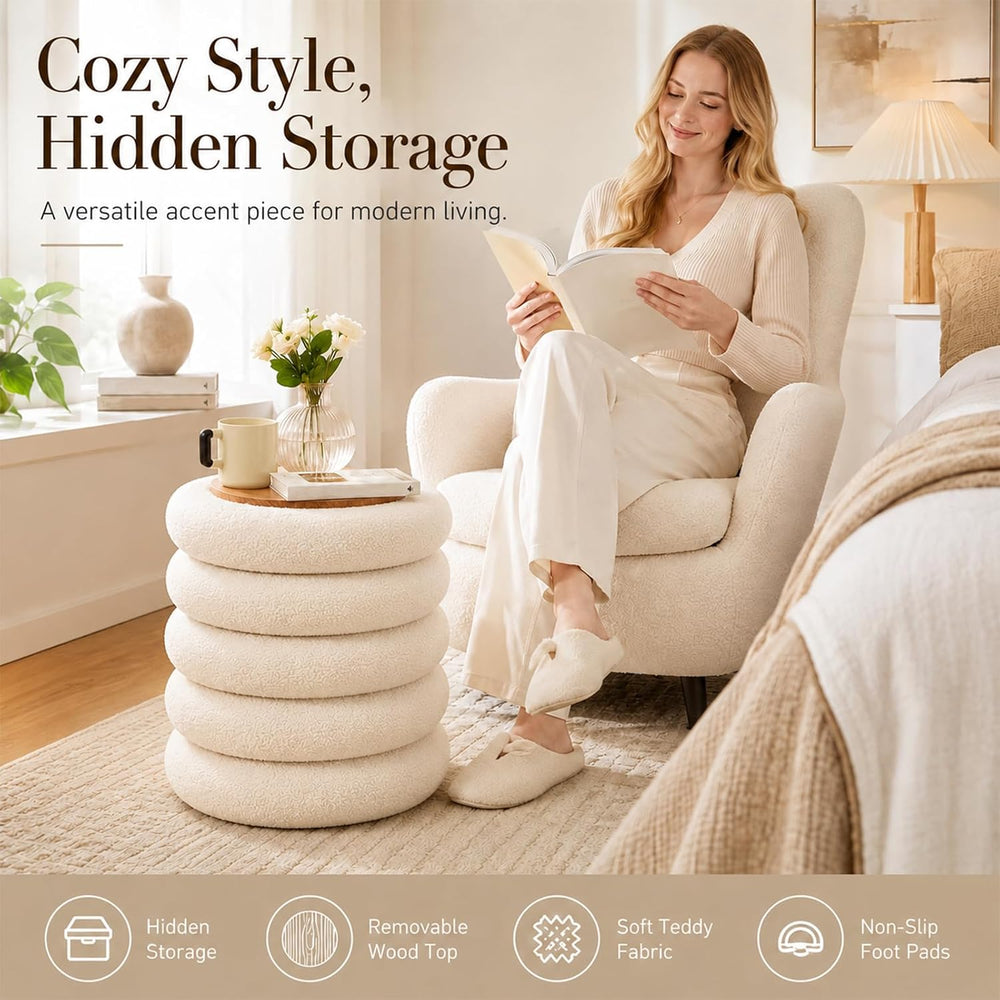 Wimarsbon Round Storage Ottoman, Modern Sherpa Footstool, Teddy Vanity Stool ...