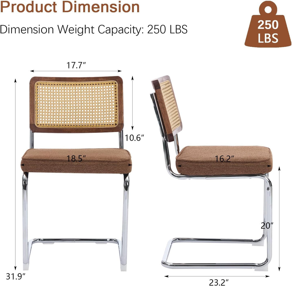 Rattan Back Linen Dining Chair Set of 4 Modern Stainless Chrome Base Armless ...