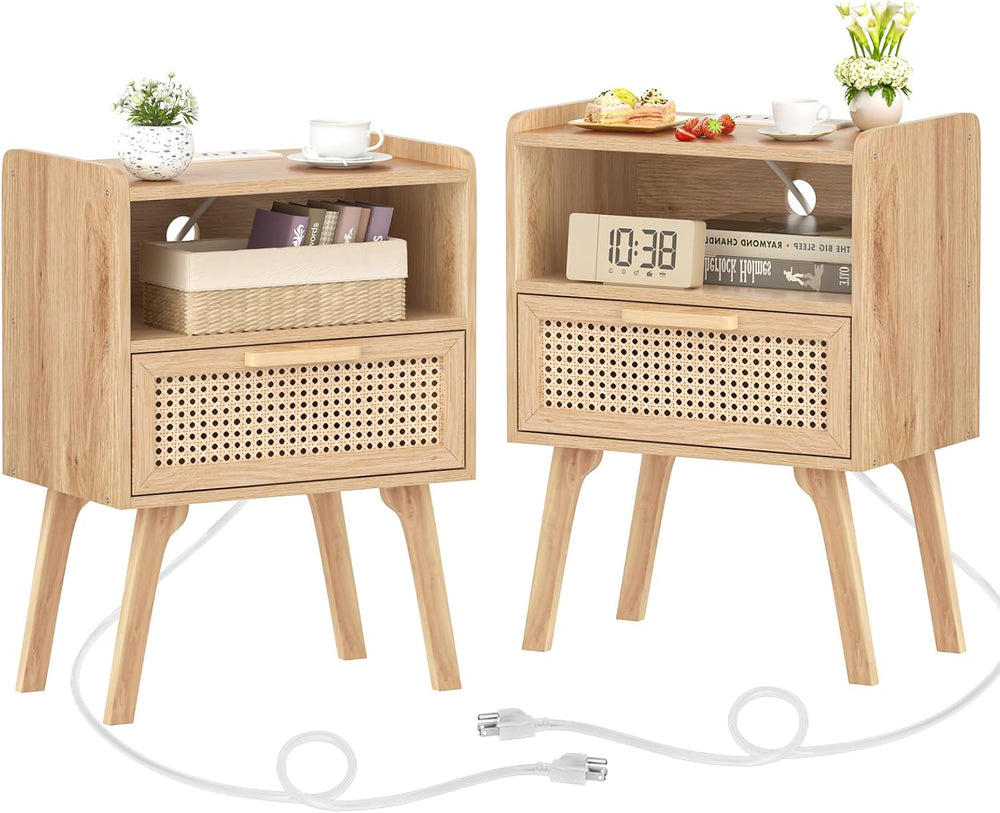 Lerliuo Rattan Nightstands Set of 2 with Charging Station, Boho Night Stand w...