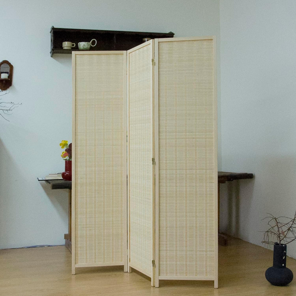 3-Panel Bamboo Room Divider - 5.6 ft Tall Beige Folding Privacy Screen, Doubl...