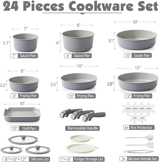 SENSARTE 24 Piece Ceramic Pots and Pans Set, Nonstick Detachable Handle Cookware