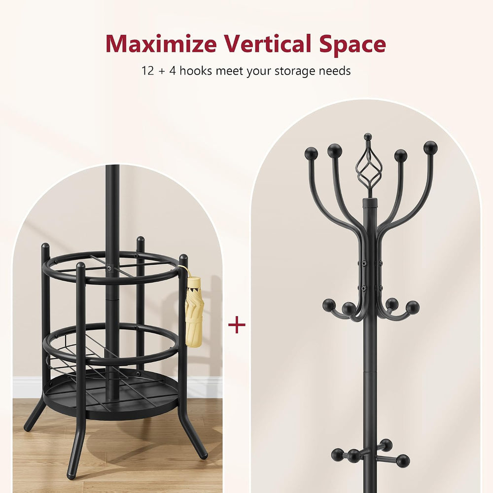 Tajsoon Coat Rack Stand with Umbrella Holder, Coat Tree Freestanding with 16 ...