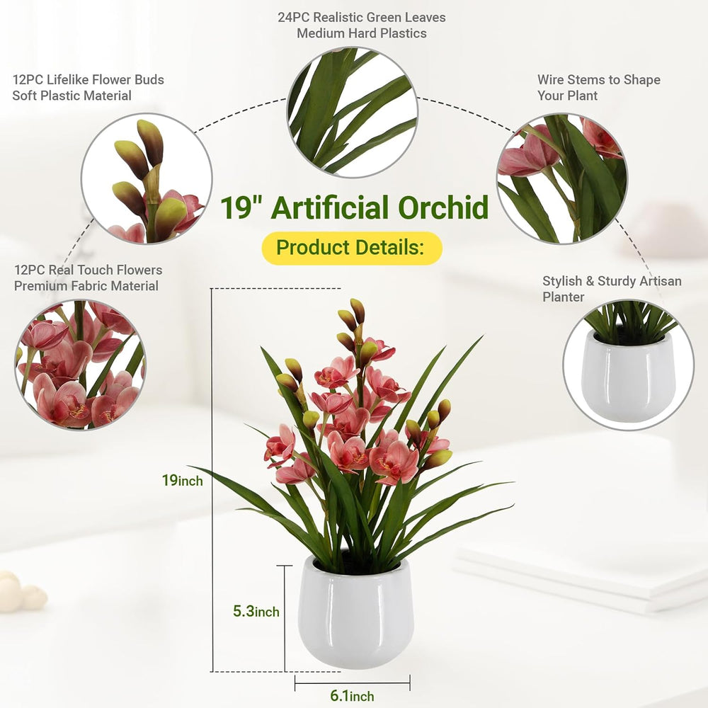 Faux Orchid Plant 19" Tall, Realistic Touch Leaves, Potted Cymbidium Art...