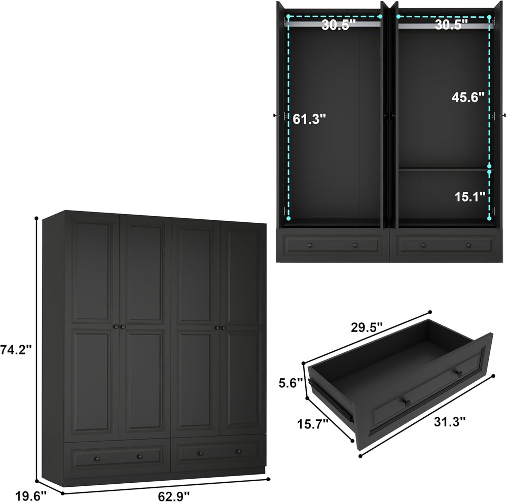 Black Armoire Wardrobe Closet with 2 Drawers, 74" Tall X 63" Wide