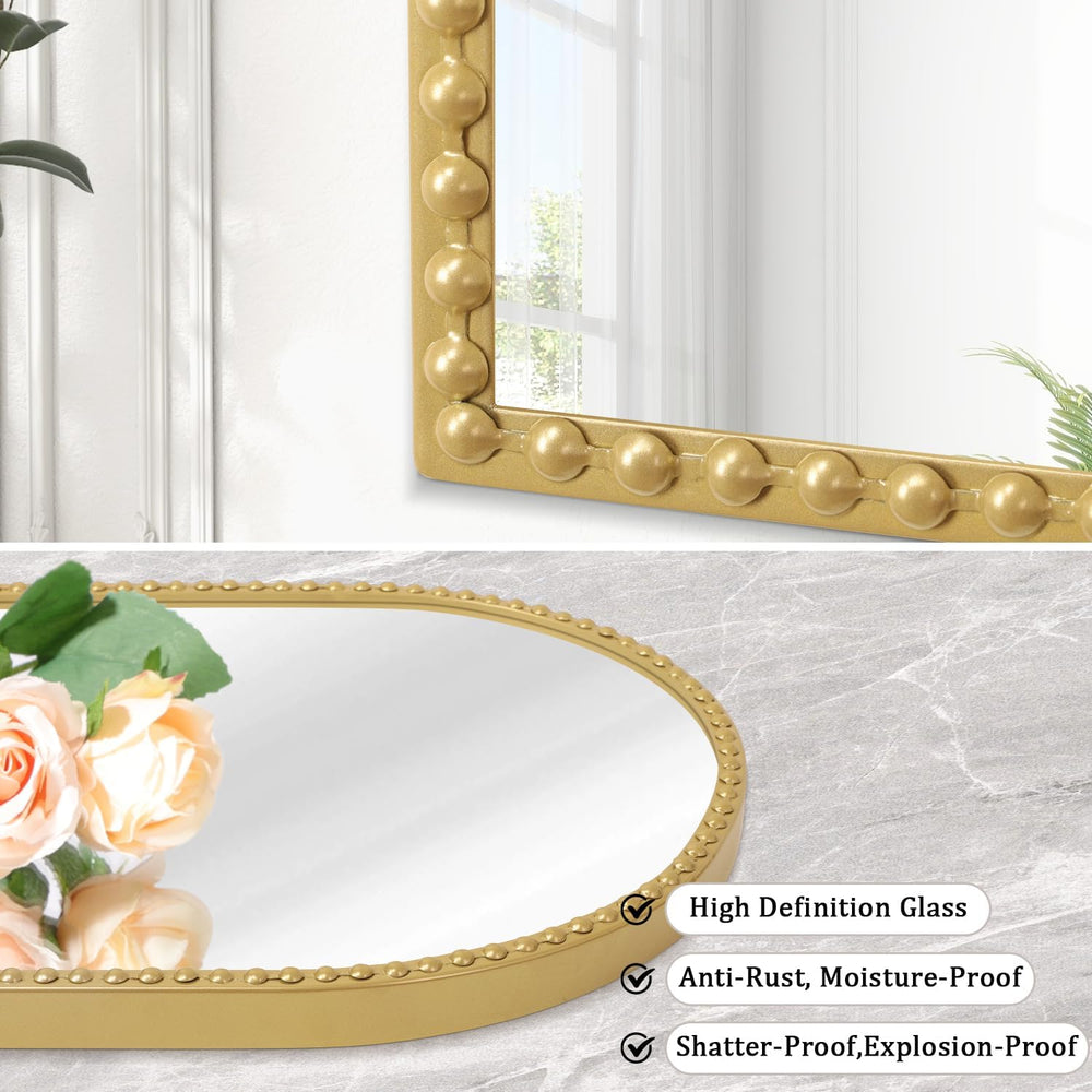 Large Gold Arch Mirror for Bathroom, Metal Beaded Frame 36"x24" Arc...
