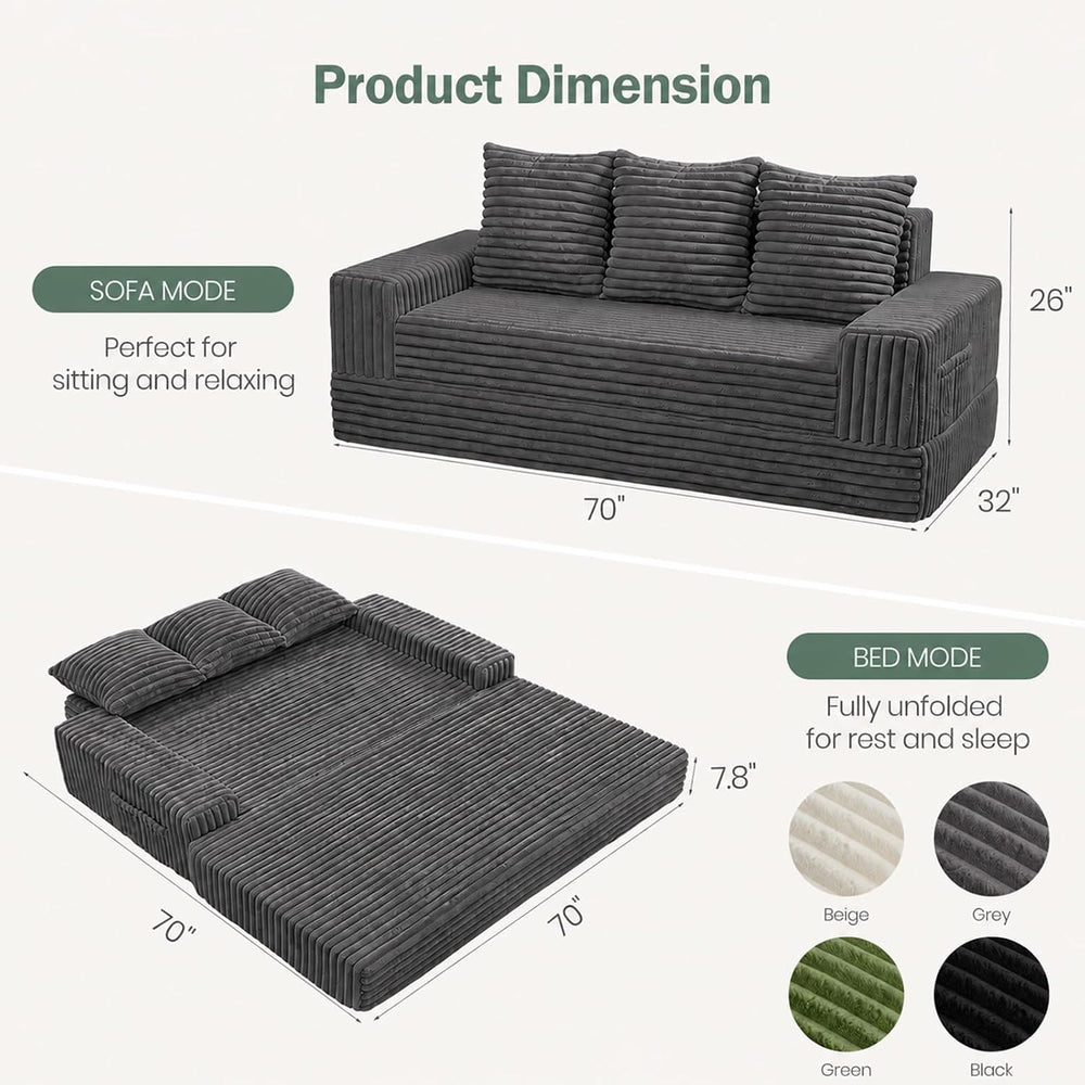 JUIKURY 70" Convertible Sofa Bed, Corduroy Boneless Couch with Pocket