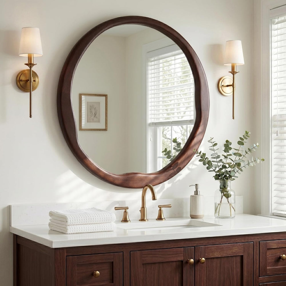 24 Inch Dark Walnut Round Wood Bathroom Mirror, Wavy Inner Edge