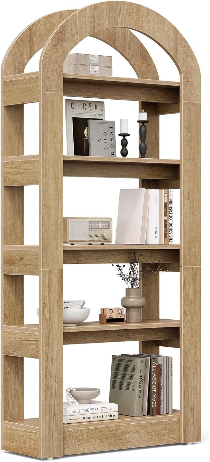 LITTLE TREE 5-Tier Bookshelf, Arch-Shaped Racks, Tall Standing Wooden Bookcas...