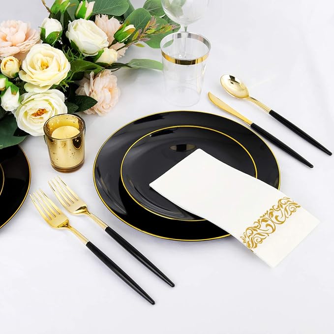 Supernal 350pcs Black Plastic Dinnerware Set - Black and Gold Plastic Plates,...