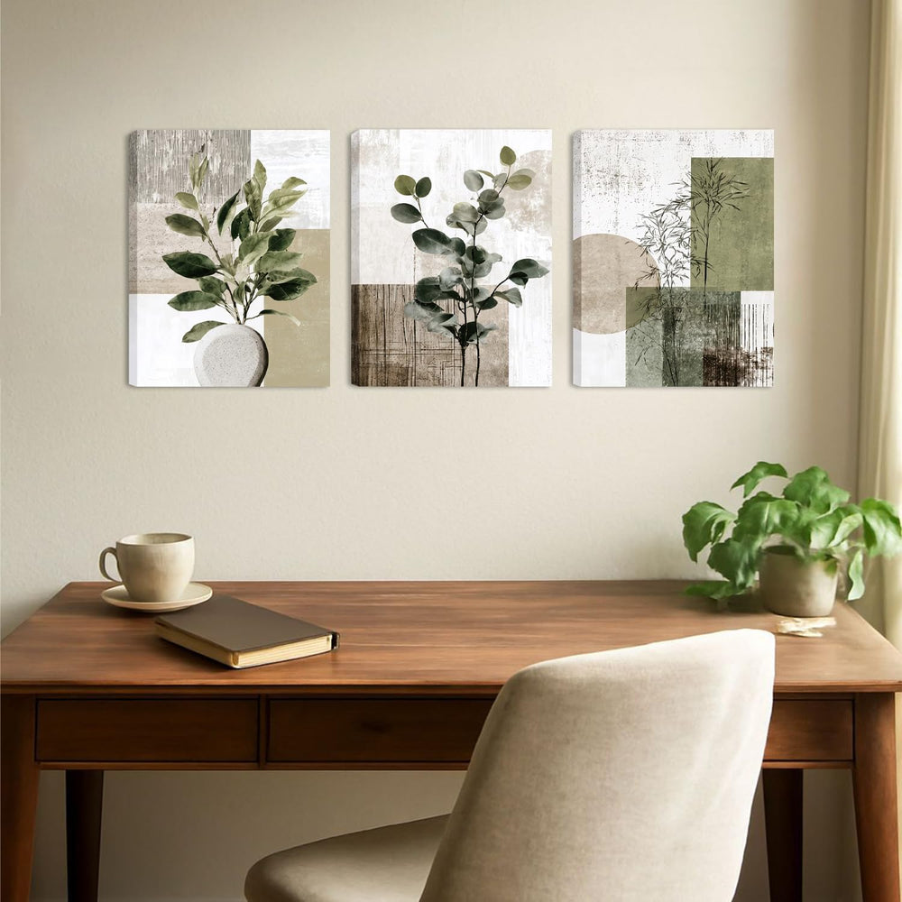 Boho Abstract Eucalyptus leaves Canvas Wrapped Wall Art Set of 3 16x12in