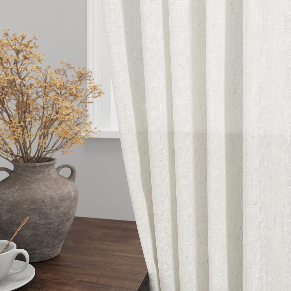 Nanspring Beige White Linen Curtains 84 Inch Length 2 Panels Set for Living R...