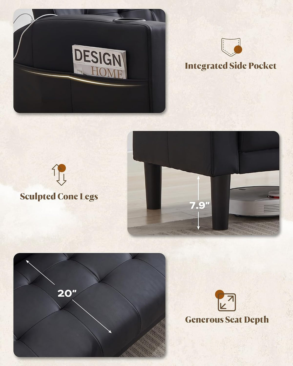 62'' Black faux Leather Tufted Upholstery Loveseat for Living Room