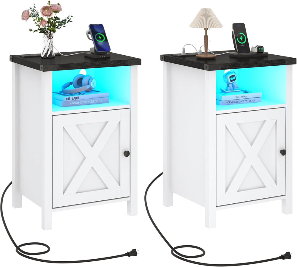 Hlivelood Farmhouse LED Nightstand Set of 2 with Charging Station, Rustic End...