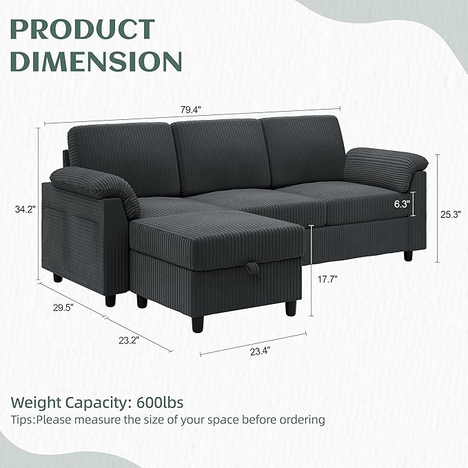 Vongrasig Convertible Sectional Sofa Couch, 3 Seat L Shaped Sofa with Removab...