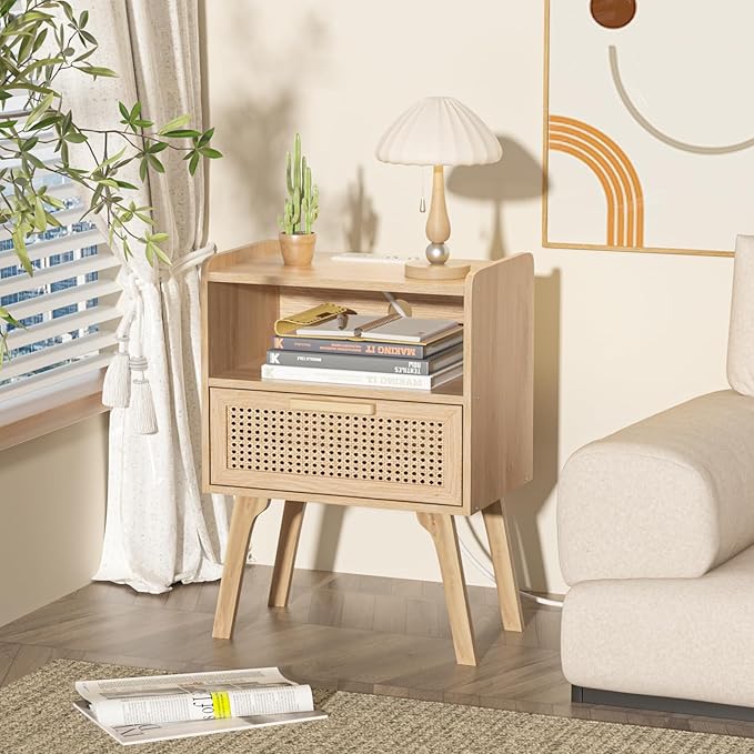 Lerliuo Rattan Nightstands Set of 2 with Charging Station, Boho Night Stand w...