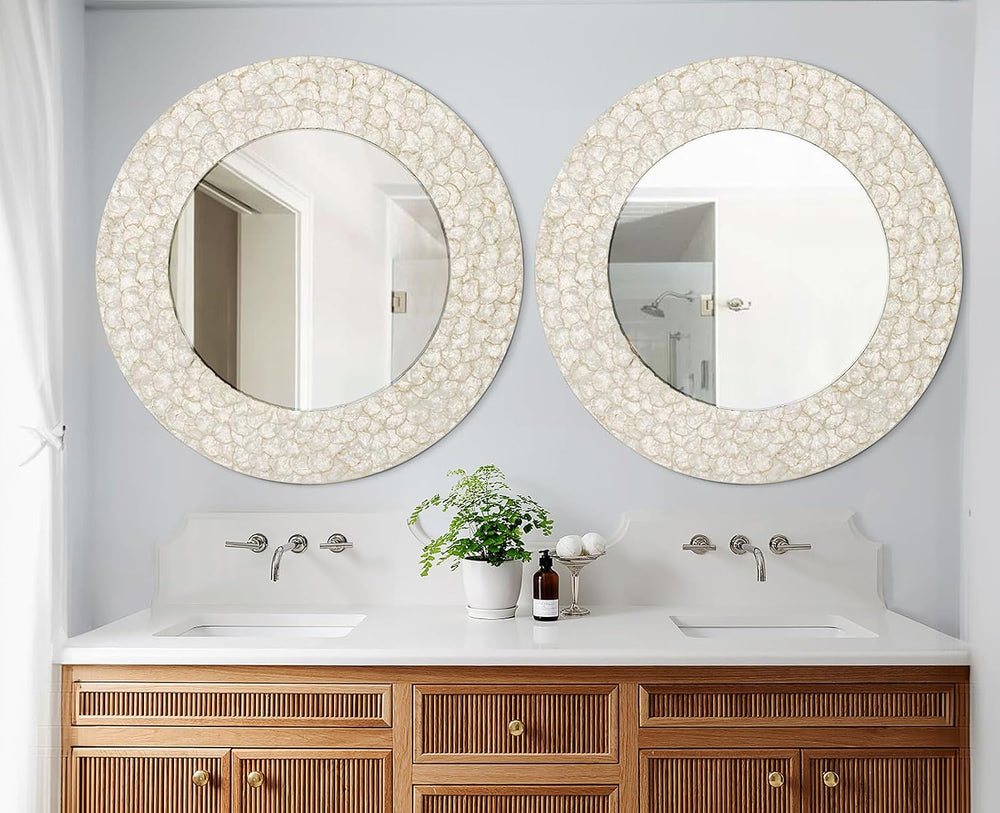 Round Coastal Mirror with Capiz Shell Frame, 36'' Large Circle Bathro...