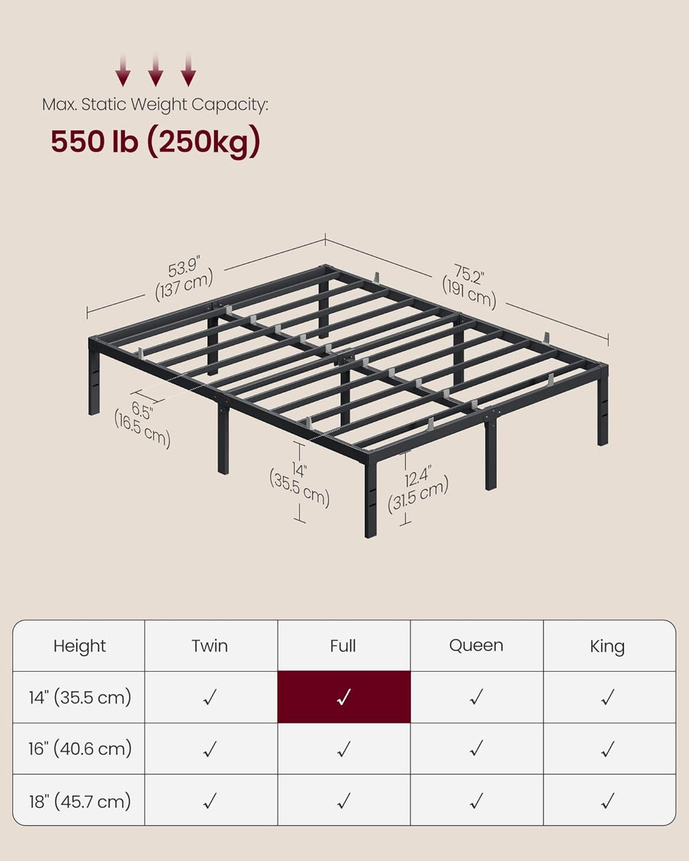 VASAGLE Full Metal Bed Frame, 14 Inches Tall, 1100 lb Weight Capacity