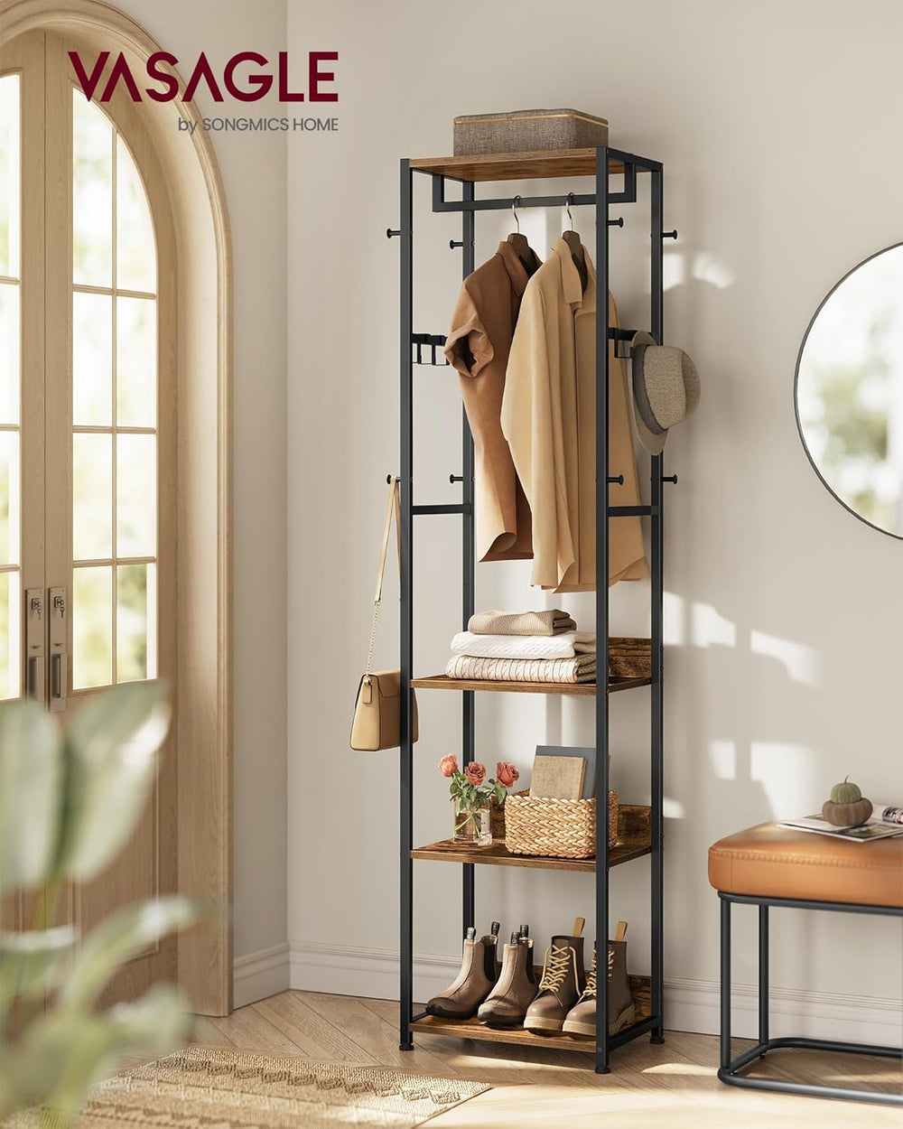 VASAGLE Coat Rack, Freestanding Hall Tree with Shelves, Hanging Rail, and Hoo...
