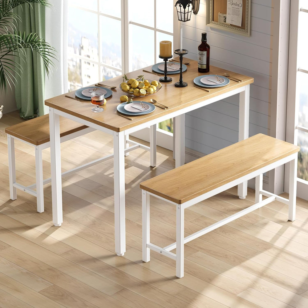Tatub Dining Table Set for 4, 3-Piece Kitchen Table with 2 Benches, Space-Sav...