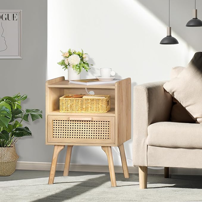 Lerliuo Rattan Nightstands Set of 2 with Charging Station, Boho Side Table wi...
