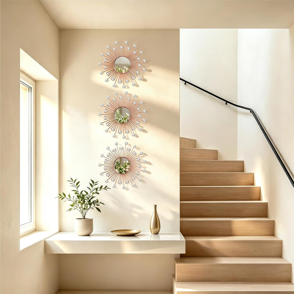 3 Pack Metal Mirrors for Wall Sunburst Wall Mirror Rose Gold Crystal Dรฉcor