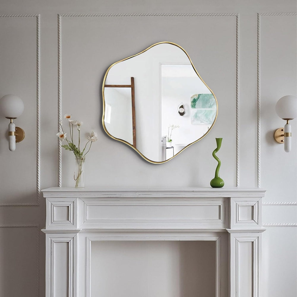Scalloped Irregular Mirror, 24" Art Deco Wall Mirror with Gold Metal Fra...