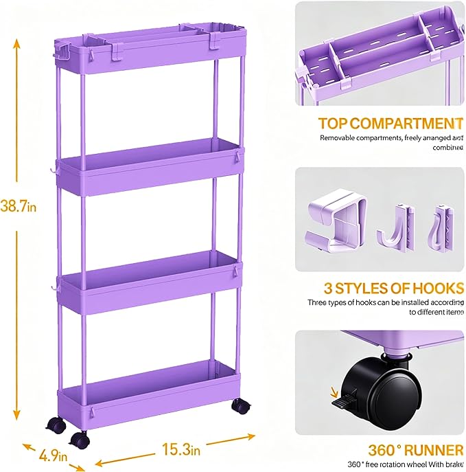 SPACELEAD 2-piece Set Slim Storage Cart 3 Tier, Bathroom Organizer Rolling