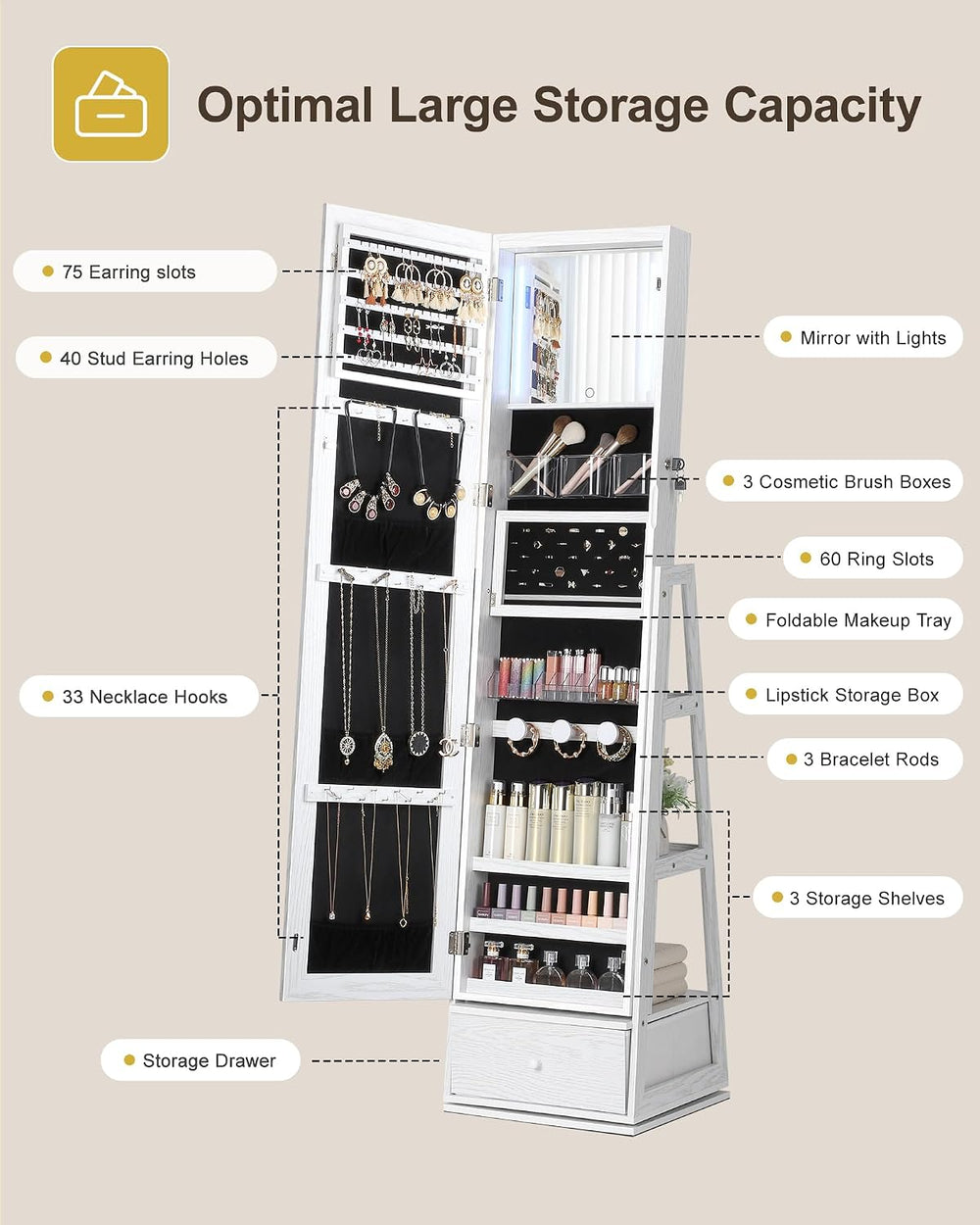 Nicetree 360° Swivel Jewelry Cabinet with Lights, Full Length Mirror, Lock