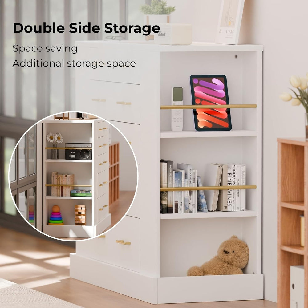 Closet Island with Glass Top, LED Lights and Open Shelves, White