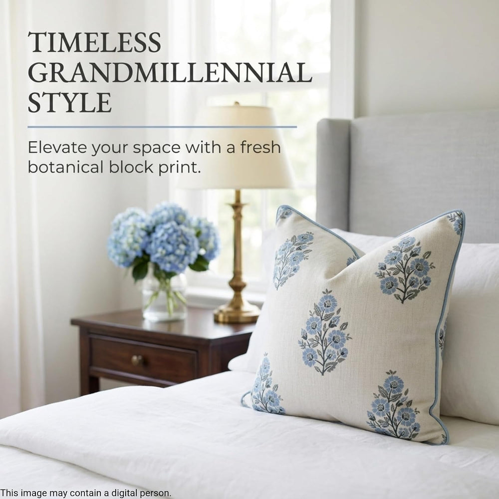 Jillien Harbor “The Camille” Floral Block Print Pillow Cover – Soft Blue and ...