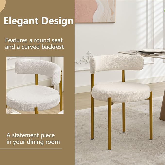 Boucle Dining Chairs Set of 2, White Dining Chairs with Upholstered Seat and ...