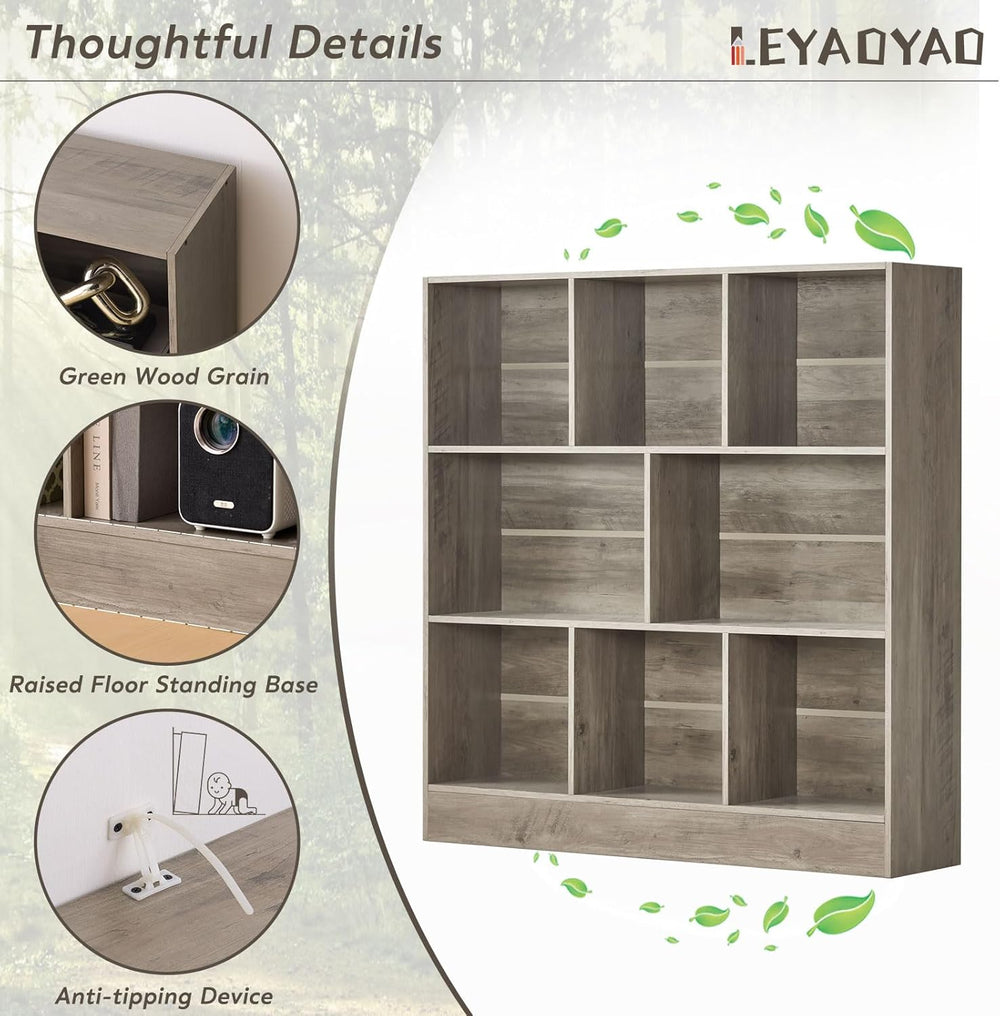 LEYAOYAO 8 Cube Bookshelf with Base,3 Tier Mid-Century Modern Grey Bookcase,S...