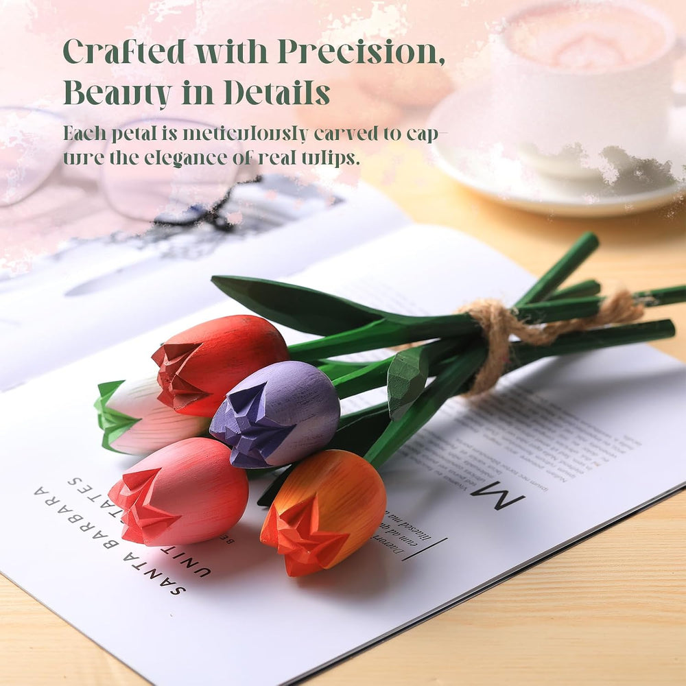 CroBlissful 10 Pcs 9 Inch Spring Wooden Tulip Flowers for Decoration