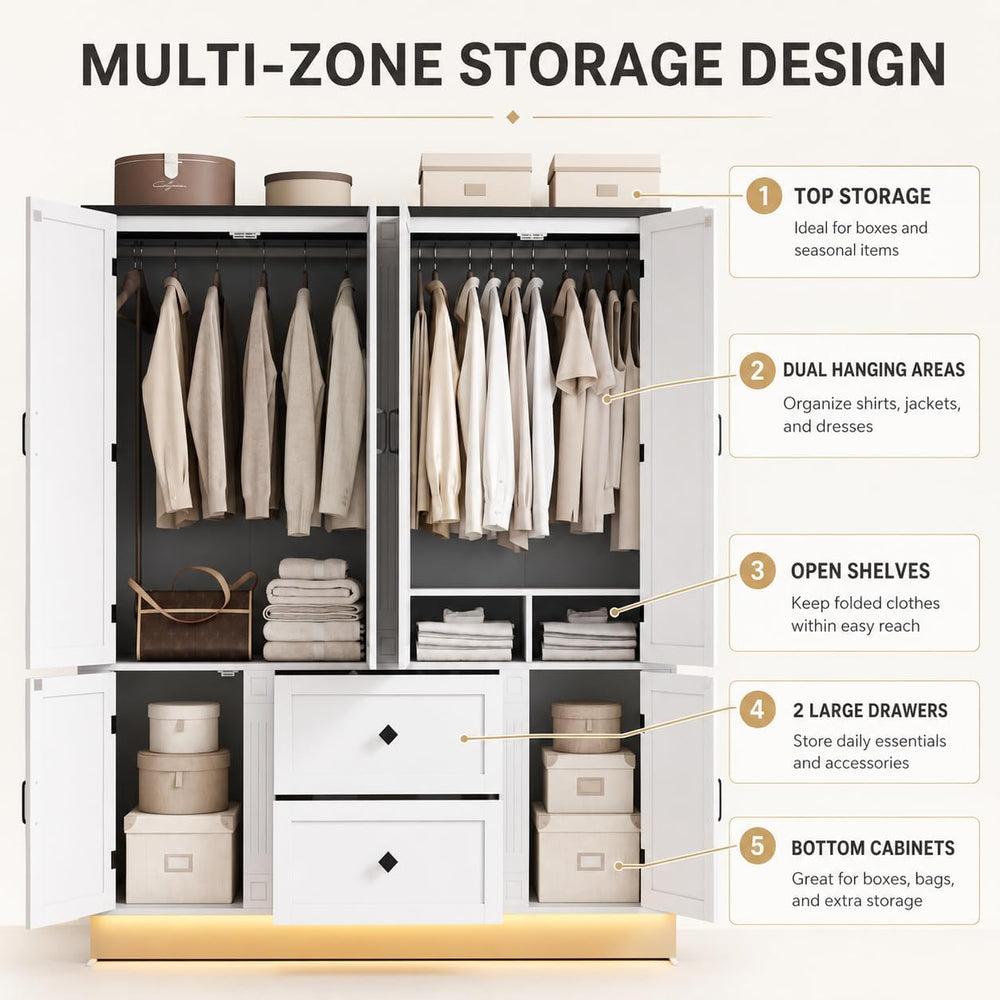 63"W White 6-Door Armoire Wardrobe Closet, 2 Drawers, LED Lights