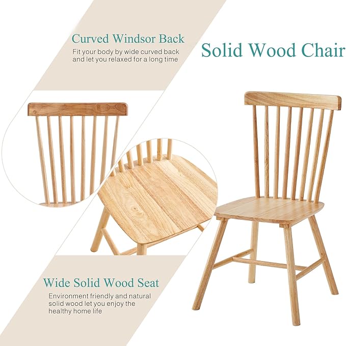 Natural Solid Wood Windsor Dining Chairs Set of 6 for Home Kitchen/Comapct Ap...