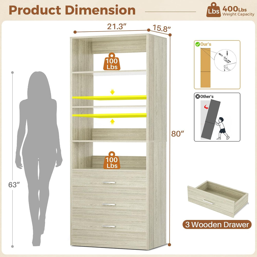 Aheaplus Closet Drawers Organizer System, 1.77FT Wood Closet System with 3 Dr...