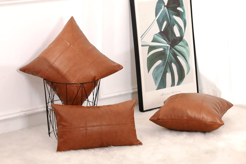 MANDIOO Set of 2 Classic Plaid Faux Leather Decorative Throw Pillow Covers,Ha...