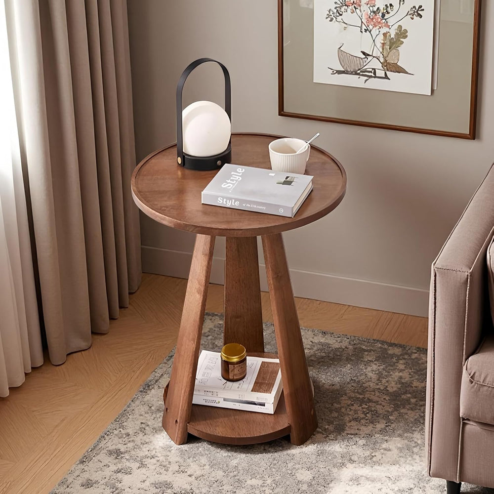100% Solid Wood Round End Table, 2-Tier Side Table with Anti-Drop Tray Top, S...