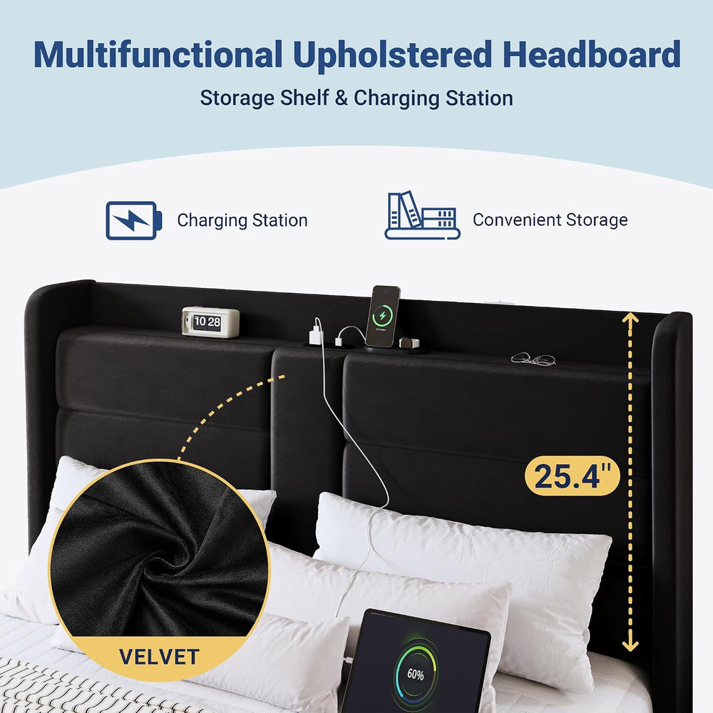 Allewie Full Size Platform Bed Frame with Charging Station & Storage Head...
