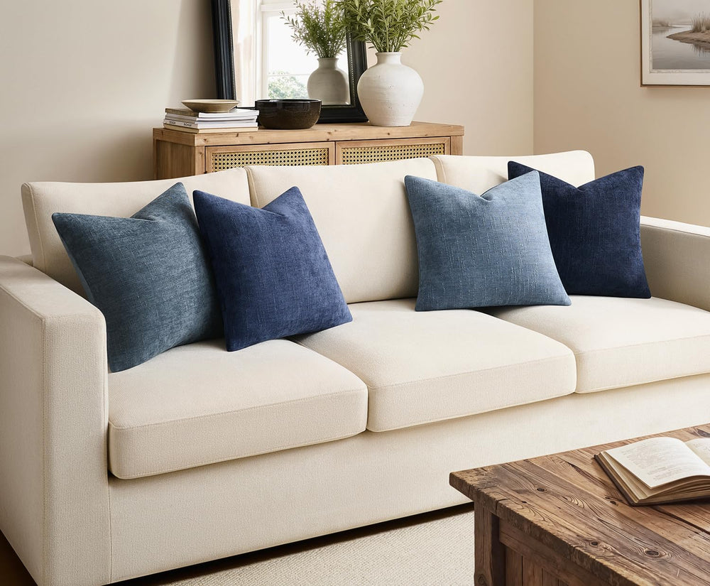 Pack of 4 Throw Pillow Covers 22x22 Inch Chenille Textured Neutral Blue Soft ...
