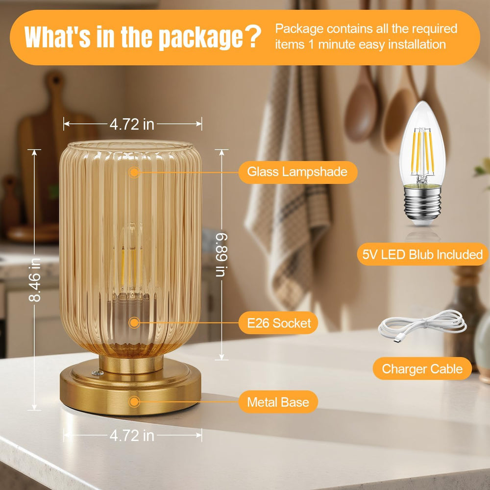 Cordless Table Lamp for Bedroom, Touch Stepless Dimmable, Modern