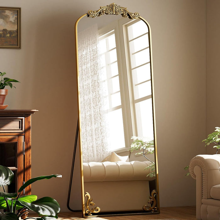 21"x 64" Arched Full Length Mirror, Freestanding Floor Mirror with Carved Metal Frame & Bottom Art Carved, Gold Full Body Mirror for HomeDecor, Halling Wall Mirror with Vintage Ornate Carved Accents