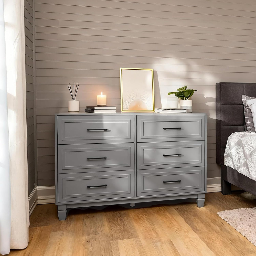Grey Dressers for Bedroom, 6 Drawer Wood Chest, Wide Farmhouse Dresser