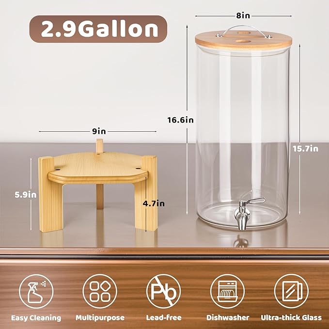 Beverage Dispenser 2.9 Gallon, Glass Drink Dispenser