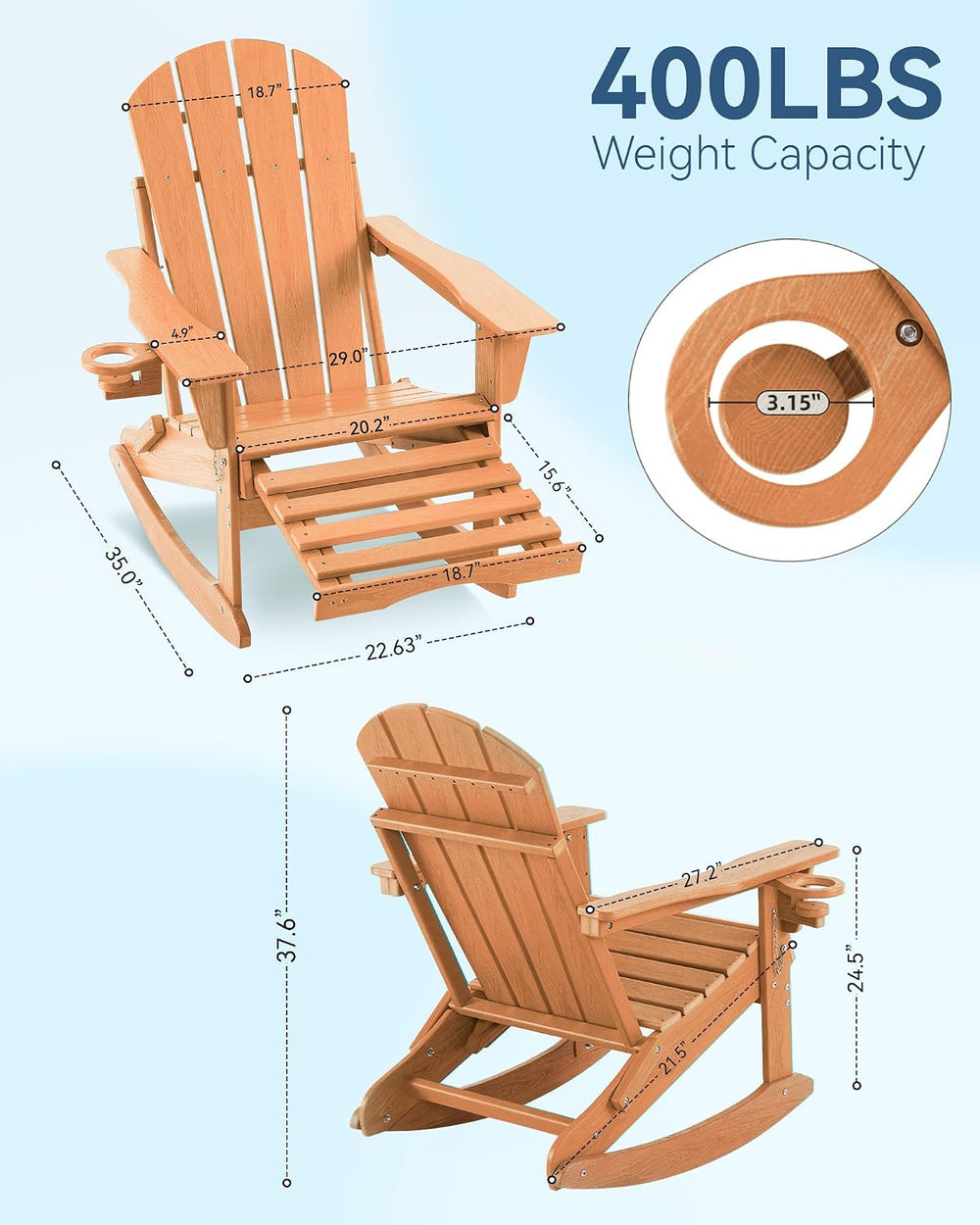 Folding Adirondack Rocking Chair with Footrest, HDPE Adirondack 4-in-1 Multif...