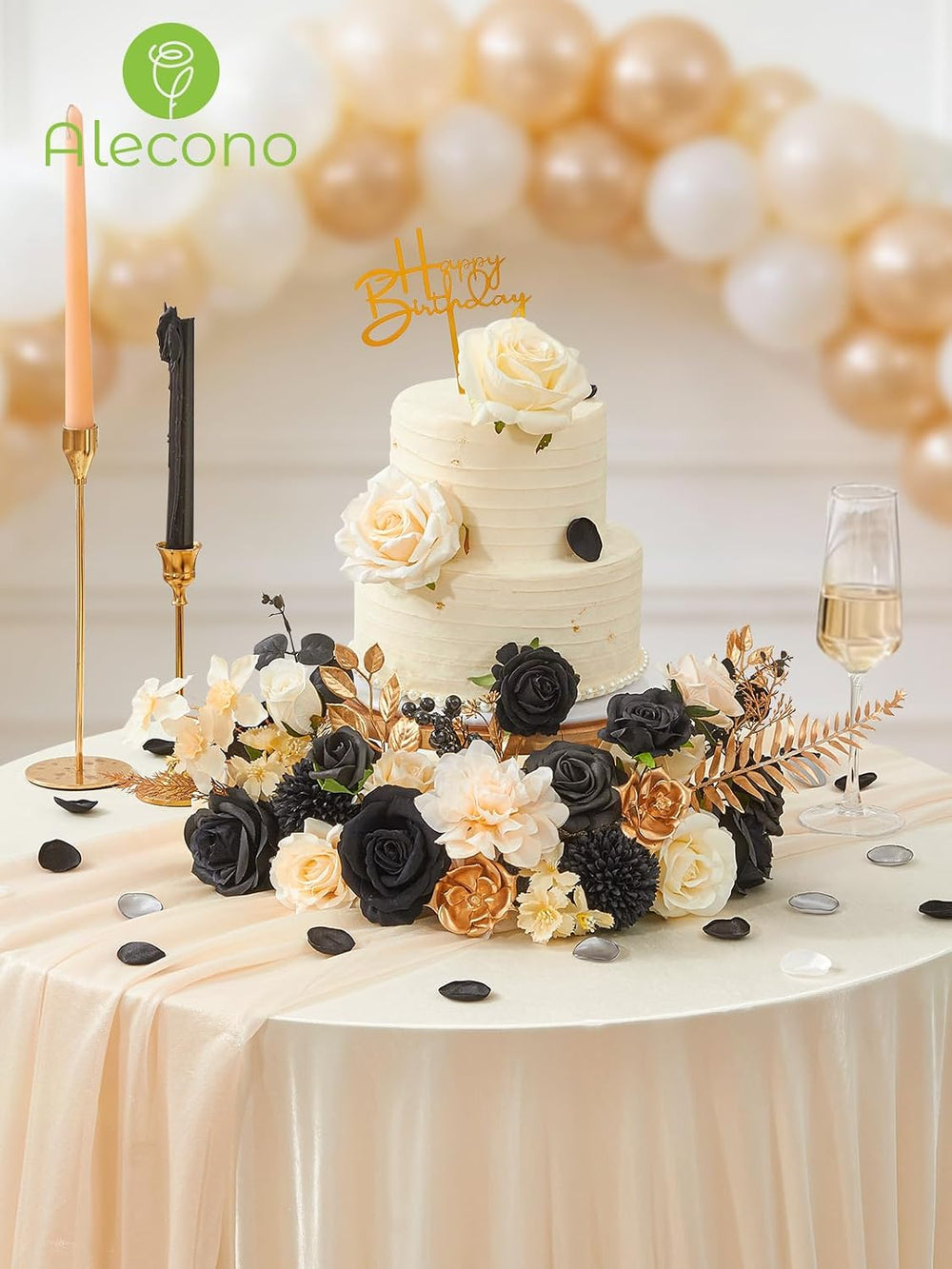 Alecono Silk Artificial Flowers, Black Champagne DIY Wedding Bouquet Set