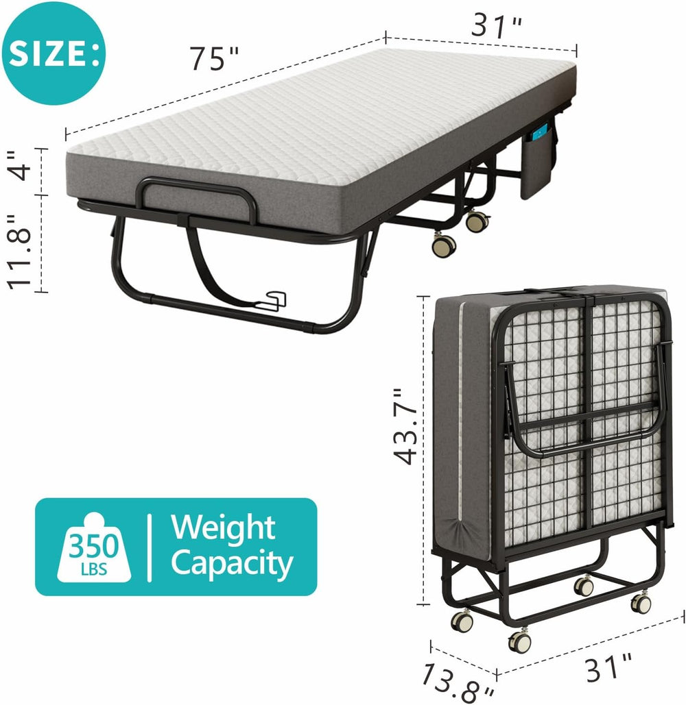 Folding Bed with Mattress for Adults, 75" x 31"Portable Cot-Size Ro...