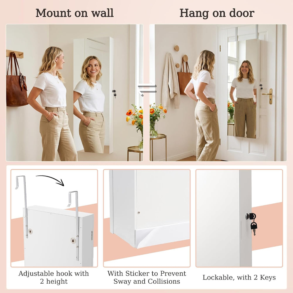 Unisakey Lockable Mirror Jewelry Cabinet LED Lights Wall Mount White | Door o...
